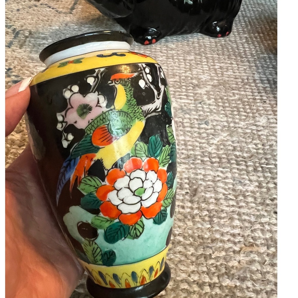Vintage Japanese Bud Vase Hand Painted Peacock Floral Porcelain Black Yellow 6"